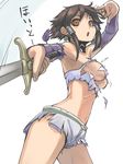  :o armpits bad_id bad_pixiv_id blush_stickers breasts bridal_gauntlets brown_eyes brown_hair chai_xianghua earrings face foreshortening jewelry medium_breasts motion_lines navel shorts sideboob simple_background solo soulcalibur sword tea_(nakenashi) torn_clothes weapon 