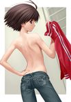  androgynous antenna_hair arched_back back blue_eyes brown_hair denim double_vertical_stripe dutch_angle hand_on_hip holding_clothes idolmaster idolmaster_(classic) jacket jacket_removed jeans kikuchi_makoto looking_back nekopuchi pants profile reverse_trap short_hair smile solo tomboy topless track_jacket 