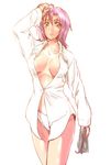  bazett_fraga_mcremitz breasts cleavage dress_shirt fate/hollow_ataraxia fate/stay_night fate_(series) fue_(rhomphair) hand_in_hair large_breasts newspaper no_bra no_pants open_clothes open_shirt panties purple_eyes purple_hair shirt solo underwear white_panties 