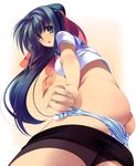 ass blue_hair copyright_request dragonmaterial green_eyes highres panties ponytail solo striped striped_panties underwear undressing 