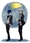  black_eyes blue_hair bow bowtie collar crossover grey_hair hands_in_pockets headphones holding holding_umbrella hosuke male_focus multiple_boys narukami_yuu persona persona_3 persona_4 puddle rain school_uniform shared_umbrella shoes umbrella yuuki_makoto 