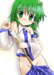  blush detached_sleeves flat_chest frog_hair_ornament gohei green_eyes green_hair hair_ornament kazami_ruku kochiya_sanae no_panties skirt skirt_pull solo touhou 