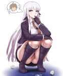  1boy 1girl ? akisora ass bangs black_gloves black_ribbon blunt_bangs boots braid breasts brown_hair brown_necktie cameltoe collared_shirt commentary_request cum cum_on_body cum_on_clothes danganronpa:_trigger_happy_havoc danganronpa_(series) facing_viewer female_pubic_hair finger_in_own_mouth full_body gloves hair_ornament hair_ribbon high_heels highres jacket kirigiri_kyouko knee_boots large_breasts layered_sleeves long_hair long_sleeves naegi_makoto necktie no_panties o_o open_clothes open_jacket pubic_hair purple_eyes purple_footwear purple_jacket purple_skirt pussy pussy_peek ribbon shirt short_hair single_braid skirt solo_focus squatting thighs thought_bubble underwear used_tissue white_background white_hair white_shirt wing_collar 