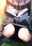  1girl black_dress book capelet dress gloves grass gundori highres holding holding_book light_brown_hair long_hair long_sleeves nijisanji nun on_grass open_book panties pantyshot ribbon sister_cleaire solo underwear virtual_youtuber white_capelet white_gloves white_ribbon zipper_dress 