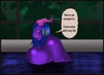  bathtub big_breasts blue_hair breasts curved_horn demon dialogue ear_piercing ear_ring female gold_earring grape_shifter hair hoop_ear_ring horn humanoid low_res piercing pink_hair pink_horn purple_body purple_skin revi ring_piercing solo 