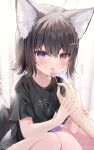  1girl :p absurdres animal_ear_fluff animal_ears arm_grab black_hair black_shirt candy female_child food heterochromia highres licking lollipop original purple_eyes red_eyes rukako shirt short_hair short_sleeves signature tail tongue tongue_out wolf_ears wolf_girl wolf_tail yoyogi_(rukako) 