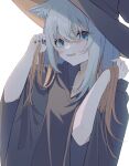  1girl :d absurdres animal_ears black_robe blonde_hair blue_eyes cat_ears cat_girl commission fang grey_hair hat highres holding holding_hair hood hood_down hooded_robe long_hair multicolored_hair original robe skeb_commission smile su_ha_ya two-tone_hair wide_sleeves witch witch_hat 