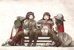 armor belt bloomers boots brown_hair clothes_lift gambeson gloves helmet hot lifted_by_self long_hair medieval multiple_girls open_clothes original scabbard sheath shirt_lift sitting sweat sword toned underwear vanishlily weapon 
