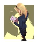  ... 1girl absurdres ass bangs black_bodysuit black_hairband blonde_hair bodysuit boots brown_background brown_footwear from_above from_side full_body hairband highres holding holding_paper knee_boots league_of_legends long_hair lux_(league_of_legends) paper solo sweatdrop watermark wlw0nderland 