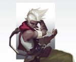  1girl bandaged_arm bandages bangs brown_gloves brown_pants cowboy_shot dark-skinned_male dark_skin ekko_(league_of_legends) fingerless_gloves gloves grey_background grey_shirt highres league_of_legends mohawk mouth_hold pants qinhuaiyu_(sihouette) red_eyes red_scarf scarf shirt sleeveless sleeveless_shirt solo white_background white_hair 