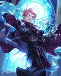  1boy :d ascot bangs beckoning black_ascot black_gloves black_pants black_robe cape circlet circus66 cross ensemble_stars! feet_out_of_frame flower gloves grey_cape happy_birthday holding holding_flower itsuki_shu light_particles lily_(flower) looking_at_viewer male_focus neck_ribbon pants pink_hair purple_eyes purple_ribbon ribbon robe short_hair smile solo stained_glass teeth two-sided_fabric upper_teeth white_flower white_lily 