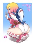  1girl animal_bag animification ass belt blonde_hair blue_eyes blush bowieknife breasts closed_mouth commentary_request gradient_hair gwen_poole gwenpool hand_on_own_thigh leotard looking_at_viewer marvel multicolored_hair pink_hair pink_leotard shark_bag short_hair smile solo squatting superhero translation_request two-tone_hair v 