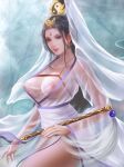  1girl bare_legs chinese_clothes closed_mouth collaboration facial_mark forehead_mark from_side hair_bun hao_sese_sheng highres holding lan_mao_mao_(41686348) long_hair long_sleeves nipples original sash see-through smile solo upper_body yin_yang_hair_ornament 