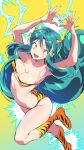  alfi_(tok) animal_print areola_slip armpits arms_up ass bikini boots breasts cleavage green_eyes green_hair heart heart_hands highres horns leg_up long_hair lum navel oni oni_horns open_mouth print_bikini print_footwear strapless strapless_bikini swimsuit thighs tiger_print urusei_yatsura very_long_hair yellow_bikini yellow_footwear 