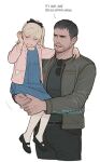  1boy 1girl aged_down blonde_hair brown_hair chris_redfield dress facial_hair jacket long_hair muscular muscular_male pectorals resident_evil resident_evil_village rosemary_winters sardine_(kjr0313) short_hair simple_background tears upper_body 