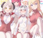  4girls :p akari_(blue_archive) bangs blonde_hair blue_archive blue_eyes blush bottle braid brown_eyes collarbone commentary_request demon_girl demon_horns dual_wielding eyes_visible_through_hair eyewear_on_head grey_hair gym_shirt gym_shorts gym_uniform hair_between_eyes hair_ornament hairclip halo haruna_(blue_archive) heart highres holding holding_bottle horns izumi_(blue_archive) jacket junko_(blue_archive) long_hair long_sleeves looking_at_viewer multiple_girls official_alternate_costume parted_bangs red_eyes red_hair shirt shorts sidelocks simple_background single_braid squatting sunglasses sweatdrop symbol-shaped_pupils tongue tongue_out tonomiya68 track_jacket twintails white_background 