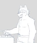  absurd_res anthro bottomwear bottomwear_only canid canine canis clothed clothing cutoffs denim denim_clothing elbow_tuft grill grilling hi_res male mammal mrjosh47 password_(visual_novel) pubes shorts shoulder_tuft solo spatula talking_to_another tools topless tuft tyson_(password) wolf 