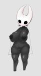  anthro arthropod belly big_breasts black_body black_nipples blush breasts cloak clothing female genitals hi_res hollow_eyes hollow_knight horn insect looking_at_viewer navel neiliousdyson nipples pussy solo team_cherry thick_thighs video_games white_cloak 