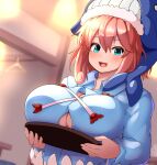  1girl :d aqua_eyes asymmetrical_hair blue_headwear blurry blurry_background breast_rest breasts button_gap carried_breast_rest carrying commission cross-laced_clothes highres holding holding_tray huge_breasts indoors long_sleeves looking_at_viewer medium_hair okunoda_miyoi open_mouth peso_(cheese_company) pink_hair skeb_commission smile solo textless_version touhou tray upper_body whale_hat 