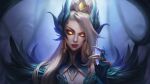  1girl absurdres backlighting bangs bare_shoulders black_gloves blonde_hair blurry blurry_background claw_ring coven_zyra feather_trim gem gloves glowing glowing_eyes hair_ornament hand_up highres league_of_legends long_hair qinhuaiyu_(sihouette) red_lips shiny shiny_hair shiny_skin smile solo yellow_eyes zyra 