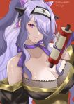  1girl bangs breasts camilla_(fire_emblem) choker cleavage collarbone fire_emblem fire_emblem_fates fire_emblem_heroes fishnet_top fishnets hair_over_one_eye headband holding holding_scroll large_breasts long_hair looking_at_viewer nail_polish ninja official_alternate_costume official_alternate_hairstyle pink_lips ponytail purple_choker purple_eyes purple_hair purple_nails ribbon_choker scroll shuriken_hair_ornament sidelocks smile snow20200 solo watermark 
