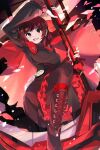  1girl black_dress black_footwear blush boots cape dress gradient_hair grey_eyes highres holding holding_scythe holding_weapon hood hooded_cape knee_boots long_sleeves multicolored_hair open_mouth pantyhose red_cape red_hair ruby_rose rwby scythe smile solo umiru weapon 