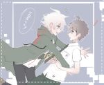  ! 2boys :d ahoge bangs black_pants breast_pocket brown_hair danganronpa_(series) danganronpa_2:_goodbye_despair from_side green_jacket green_necktie green_pants grey_background grey_hair hair_between_eyes highres hinata_hajime jacket komaeda_nagito male_focus multiple_boys necktie open_clothes open_jacket open_mouth outline pants pocket profile shadow71580825 shiny shiny_hair shirt short_hair short_sleeves smile speech_bubble translation_request white_outline white_shirt 