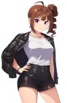  1girl ahoge black_jacket black_shorts bracelet breasts brown_hair drill_hair hand_on_hip highres idolmaster idolmaster_million_live! jacket jacket_on_shoulders jewelry kamille_(vcx68) leather leather_jacket looking_at_viewer medium_breasts purple_eyes shirt shirt_tucked_in shorts side_ponytail simple_background smile solo white_background white_shirt yokoyama_nao 