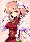  1girl bandaged_arm bandages baozi breasts bun_cover closed_mouth double_bun food green_skirt hair_between_eyes hair_bun harakune_(mugennero) holding holding_food ibaraki_kasen large_breasts pink_hair puffy_short_sleeves puffy_sleeves red_eyes shirt short_hair short_sleeves skirt solo tabard touhou upper_body white_shirt 