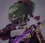  1girl armor bangs earrings eyebrows_hidden_by_hair genshin_impact gloves green_hair grey_background holding holding_knife holding_weapon japanese_armor japanese_clothes jewelry knife kuki_shinobu long_hair looking_to_the_side mask oni_mask ponytail purple_eyes silberein simple_background solo upper_body weapon 