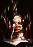  1girl artist_name blonde_hair bloomers cake cake_slice commentary crystal cui_(jidanhaidaitang) fangs flandre_scarlet food fork full_body hat hat_ribbon highres holding holding_knife kneeling knife laevatein_(tail) mob_cap one_side_up open_mouth plate puffy_short_sleeves puffy_sleeves red_footwear red_ribbon red_skirt red_vest ribbon shirt short_hair short_sleeves skirt skirt_set solo tail teeth touhou underwear upper_teeth vest weibo_logo weibo_username white_bloomers white_headwear white_shirt wings 