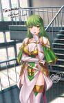  1girl armor bangs cape commentary_request commission cowboy_shot dress fire_emblem fire_emblem:_shadow_dragon_and_the_blade_of_light fire_emblem_heroes gloves green_cape green_eyes green_hair hand_up indoors long_hair looking_at_viewer miura_hajime official_alternate_costume open_mouth palla_(fire_emblem) pauldrons pelvic_curtain railing sample_watermark shoulder_armor skeb_commission solo stairs standing thighhighs thighs very_long_hair watermark white_dress white_gloves white_thighhighs 