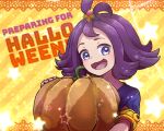  1girl acerola_(pokemon) ahoge armlet bangs food hair_ornament halloween holding holding_food holding_pumpkin holding_vegetable kotobukkii_(yt_lvlv) looking_at_viewer open_mouth pokemon pokemon_(game) pokemon_sm pumpkin purple_eyes purple_hair short_hair solo star_(symbol) upper_body vegetable 