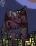  anthro brooklyn_(gargoyles) chibi city disney gargoyle gargoyles garrus368 hair hi_res humanoid male moon new_york_city night red_body smile solo tail white_hair wings 