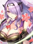  1girl bangs breasts camilla_(fire_emblem) choker cleavage collarbone fire_emblem fire_emblem_fates fire_emblem_heroes fishnet_top fishnets hair_over_one_eye headband highres large_breasts liszodow long_hair looking_at_viewer nail_polish ninja official_alternate_costume official_alternate_hairstyle open_mouth pink_lips ponytail purple_choker purple_eyes purple_hair purple_nails ribbon_choker scroll shuriken_hair_ornament sidelocks solo watermark 