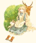  1girl aiki_(037) animal antlers apron bangs blue_dress boots brown_footwear collared_dress deer dress foliage frilled_apron frilled_dress frills hair_between_eyes hair_ornament hairband hands_on_own_thighs kagerou_project kozakura_marry leaf long_hair mekakucity_actors nature pink_eyes pink_hairband pink_ribbon plant rabbit ribbon sitting sleeve_cuffs sleeves_past_wrists very_long_hair white_apron white_background 