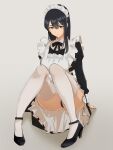  1girl absurdres arm_support bangs black_hair blue_eyes breasts closed_mouth commentary full_body hair_between_eyes high_heels highres knees_together_feet_apart long_hair long_sleeves looking_at_viewer maid original pantyhose pen_guin15 simple_background sitting smile solo white_pantyhose 