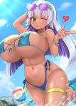  1girl breasts chiroshiron clover commission four-leaf_clover green_eyes grey_hair highres huge_breasts long_hair navel ocean one_eye_closed original sky solo symbol-shaped_pupils tan water 