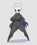  anthro arthropod black_nipples blue_cloak breasts cloak clothing female genitals grey_body hands_on_hips hi_res hollow_eyes hollow_knight horn insect looking_at_viewer neiliousdyson nipples pussy solo spread_legs spreading team_cherry vessel_(species) video_games 