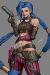  1girl arcane:_league_of_legends arcane_jinx asymmetrical_bangs bangs bare_shoulders belt black_belt blue_hair braid breasts brown_gloves cloud_tattoo cowboy_shot fingerless_gloves gloves grey_background groin gun highres holding holding_gun holding_weapon jinx_(league_of_legends) league_of_legends long_hair medium_breasts nail_polish navel pants pink_eyes pink_pants signature simple_background sirenlin skindentation smile solo striped striped_pants tattoo twin_braids very_long_hair weapon 