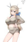  1girl absurdres alternate_costume blonde_hair blue_ribbon bra breasts contrapposto cowboy_shot grey_bra grey_eyes grey_jacket grey_shorts hair_ribbon headgear highres jacket kantai_collection large_breasts long_hair low_twintails maru_(marg0613) maryland_(kancolle) midriff one-hour_drawing_challenge ribbed_jacket ribbon shorts simple_background solo sports_bra twintails underwear white_background 