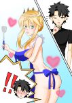  1boy 1girl apron artoria_pendragon_(fate) artoria_pendragon_(lancer)_(fate) ass black_hair blonde_hair blush breasts crown fate/grand_order fate_(series) fujimaru_ritsuka_(male) green_eyes heart highres hyperionlive large_breasts naked_apron spatula surprised 