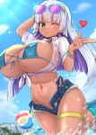  1girl breasts chiroshiron clover commission four-leaf_clover green_eyes grey_hair highres huge_breasts long_hair navel ocean one_eye_closed original sky solo symbol-shaped_pupils tan water 