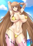  1girl :q areola_slip armpits arms_up ass_visible_through_thighs bangs bare_shoulders bikini blue_eyes blue_sky blunt_bangs breasts brown_hair cameltoe cleavage cloud collarbone commentary_request covered_nipples cowboy_shot day fishnets gold_bikini groin highres koukawa_asuka large_breasts lc_7v2 long_hair looking_at_viewer mechanical_arms mechanical_legs navel ocean outdoors side-tie_bikini_bottom sidelocks sky smile solo standing stomach sweat swimsuit taimanin_(series) tongue tongue_out very_long_hair 