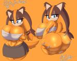  absurd_res anthro ass_clapping badger big_breasts big_butt blue_eyes bottomless bottomwear breasts butt clothed clothing crop_top cross_samax english_text exclamation_point female hand_on_breast hi_res huge_breasts huge_butt mammal mustelid musteline onomatopoeia orange_body sega shirt skirt solo sonic_boom sonic_the_hedgehog_(series) sound_effects sticks_the_jungle_badger text thick_thighs topwear wide_hips 