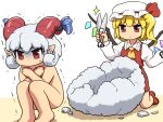  2girls animal_ears bangs blonde_hair bow chibi clothed_female_nude_female completely_nude crossed_arms crystal expressionless flandre_scarlet gloom_(expression) grey_hair hat holding horizontal_pupils horn_bow horn_ornament horns kneeling long_sleeves looking_at_another medium_hair mob_cap multiple_girls nude pointy_ears red_eyes red_horns red_skirt red_vest shears sheep_horns shirosato side_ponytail skirt skirt_set squatting touhou toutetsu_yuuma trembling turn_pale vest wings wool 
