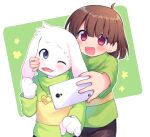 1boy 1girl asriel_dreemurr bangs black_shorts blue_eyes brown_hair chara_(undertale) green_background green_sweater heart heart_necklace holding holding_phone jewelry long_sleeves looking_at_another matching_outfit necklace one_eye_closed open_mouth phone red_eyes selfie shorts smile striped striped_sweater sweat sweater undertale white_background xox_xxxxxx 