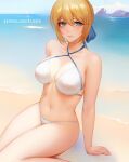  1girl arm_support artoria_pendragon_(fate) aztodio bangs bare_arms bare_shoulders beach bikini blonde_hair blue_ribbon blue_sky breasts cleavage cloud criss-cross_halter day fate/stay_night fate_(series) green_eyes hair_ribbon halterneck looking_at_viewer navel ocean outdoors parted_lips patreon_username ribbon saber sand sidelocks sitting sky smile solo stomach swimsuit thighs water white_bikini 
