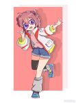  1girl air_jordan akaza_akari colorful dancing highres hood hoodie non-web_source purple_eyes red_hair shirt shorts sunglasses t-shirt yuru_yuri 