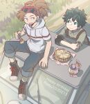  2boys animal bird black_footwear boku_no_hero_academia brown_hair car character_name closed_mouth eyewear_on_head food fork freckles green_eyes green_hair green_shirt ground_vehicle happy_birthday headband highres holding holding_fork hood hood_down hoodie kan_(k_mham1212) long_hair looking_at_another male_focus midoriya_izuku motor_vehicle multiple_boys open_mouth pants pie pino_(boku_no_hero_academia) ponytail rody_soul shirt shoes short_hair short_sleeves sitting sitting_on_car smile sneakers sunglasses white_hoodie 